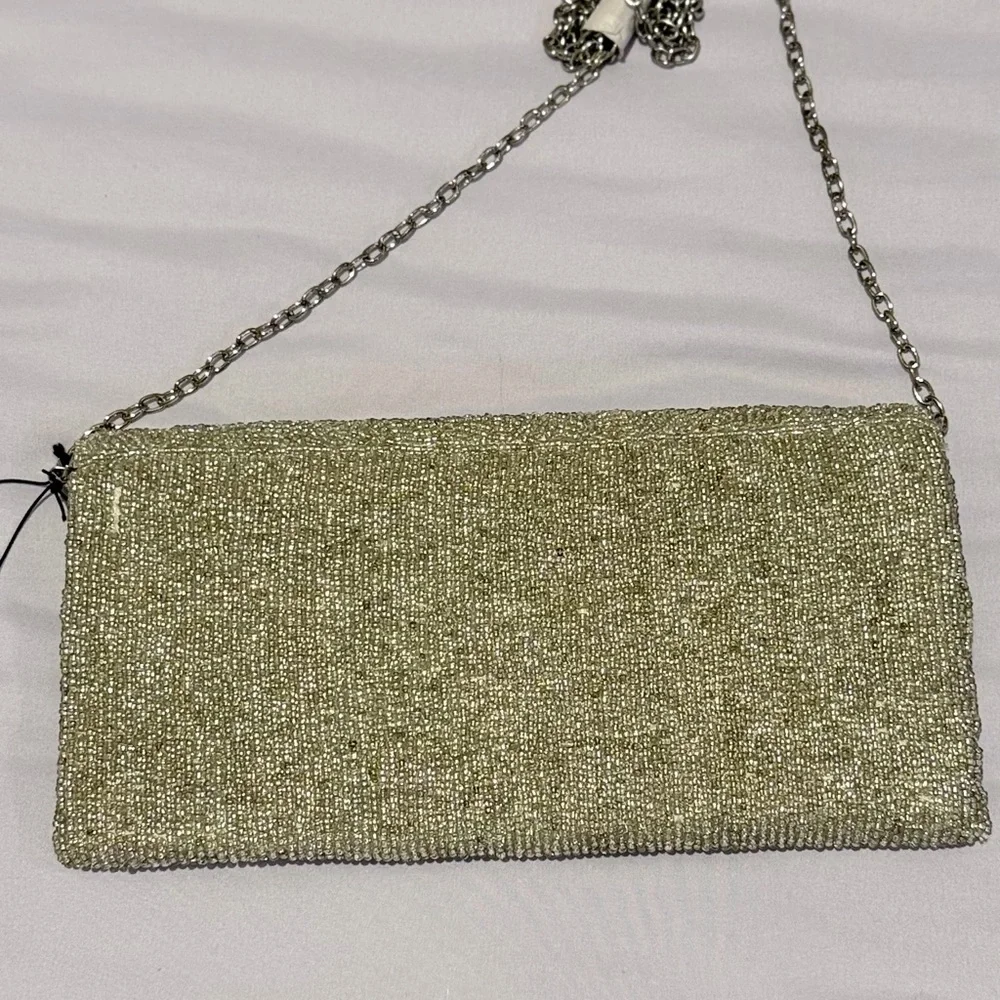 Rachel Zoe Silver Beaded Clutch with Pink Cocktail Motif w/ coin pouch